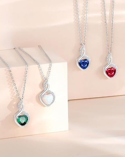 FANCIME 14K Solid White Gold Heart Birthstone Necklace with Diamond Pendent Birthday Gifts for Mom Women, Sterling Silver Chain 16" + 2" Extender