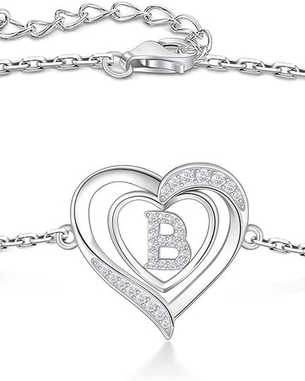 RIVIKO Heart Initial Bracelets for Women,925 Sterling Silver Letter Bracelets, Personalized Charm Alphabet Jewelry Valentines Christmas Mother’s Day Birthday Gifts for Women Friend Her Mom Wife Lady