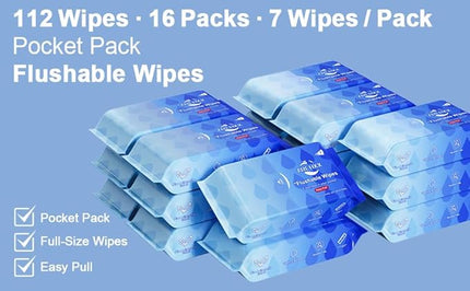 Travel Flushable Wipes for Adults & Kids, 112 Count (16 Packs of 7), Value Pack, Unscented & Hypoallergenic, Travel Essentials, Mini Wet Wipes with Aloe Vera, 99% Water, for Sensitive Skin
