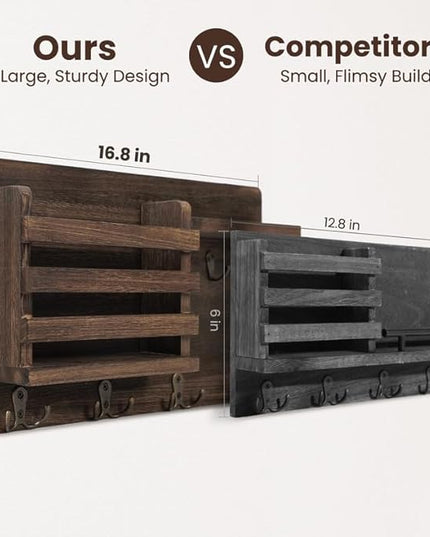 Nekon Mail Holder for Wall Mail Organizer with Key Hooks Hallway Farmhouse Decor Storage Racks with Floating Shelf and Flush Mount Hardware (16.8Inch x 10Inch x 3.2Inch)