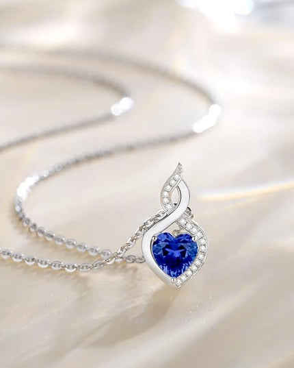 FANCIME 14K Solid White Gold Heart Birthstone Necklace with Diamond Pendent Birthday Gifts for Mom Women, Sterling Silver Chain 16" + 2" Extender