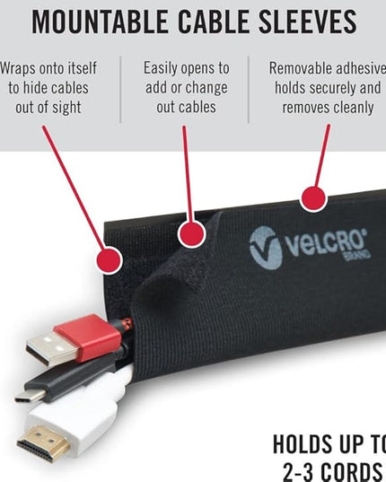 VELCRO Brand Mountable Cable Sleeve | Cord Management Mounts on Walls, Desk or Entertainment Center | Removable Adhesive is Damage Free | 8in Black, 2pk, 8in - 2Pk