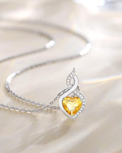 FANCIME 14K Solid White Gold Heart Birthstone Necklace with Diamond Pendent Birthday Gifts for Mom Women, Sterling Silver Chain 16" + 2" Extender