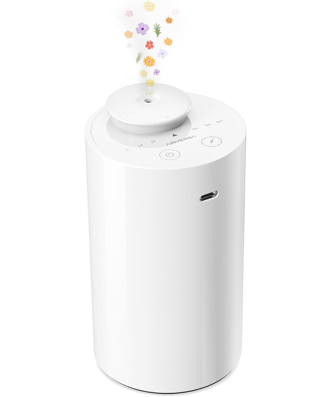Airversa Waterless Diffuser for Essential Oil, Car Diffsuer, Battery Operated Nebulizer, 0.7 Fl Oz/ 20mL, Mini Scent Air Machine, 3 Timers & 3 Mist Levels for Home, Room, Car, Office - AN6 White
