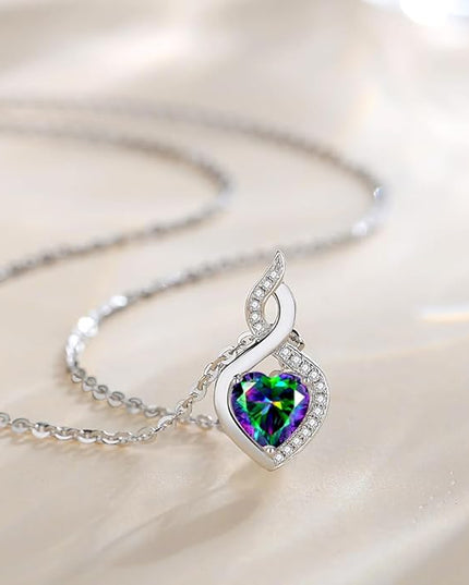FANCIME 14K Solid White Gold Heart Birthstone Necklace with Diamond Pendent Birthday Gifts for Mom Women, Sterling Silver Chain 16" + 2" Extender