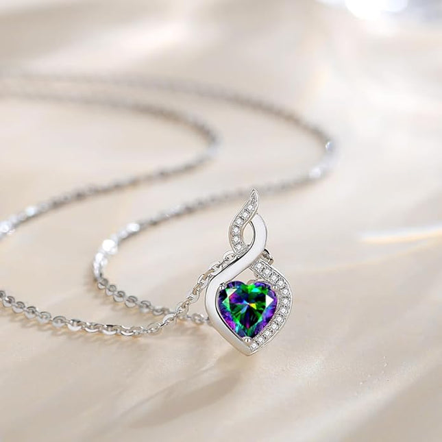 FANCIME 14K Solid White Gold Heart Birthstone Necklace with Diamond Pendent Birthday Gifts for Mom Women, Sterling Silver Chain 16" + 2" Extender