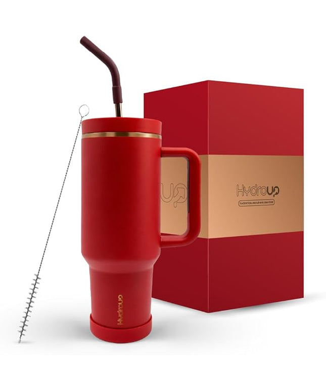 40oz Travel Tumbler Cup with Handle, Two-Way Slider Lid, Stainless Steel Straw with Silicone Tip, Vacuum Insulated Water Bottle for Hot & Cold Drinks, Great Gifts for Mom (Red Gold)