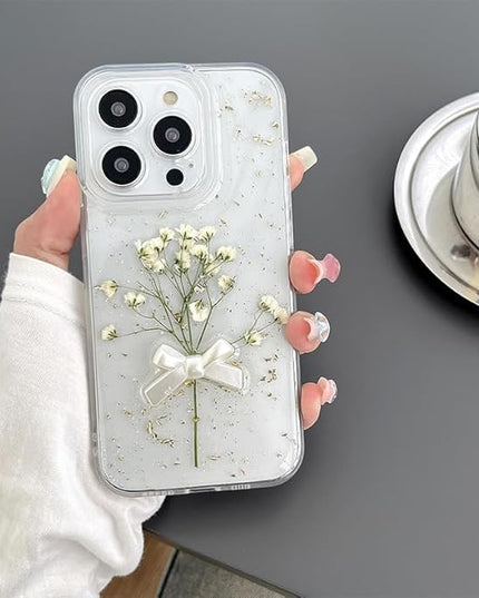 for iPhone 15 Pro - White Flower Bow Case with Real Flower Gold Foil Transparent Case - Soft TPU Case for Women and Girls (6.1")