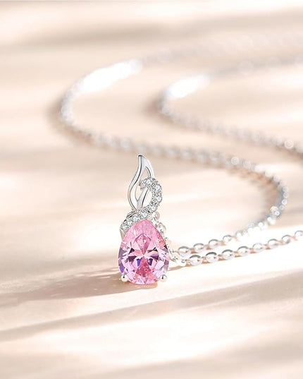 FANCIME 14K Solid White Gold Teardrop Pendant with Diamond Birthstone Necklace