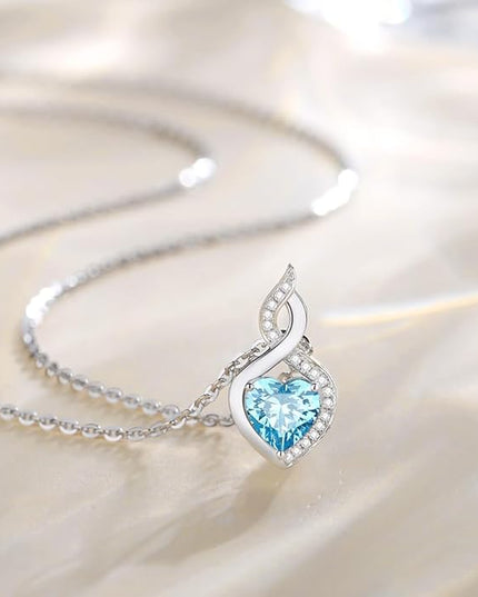 FANCIME 14K Solid White Gold Heart Birthstone Necklace with Diamond Pendent Birthday Gifts for Mom Women, Sterling Silver Chain 16" + 2" Extender