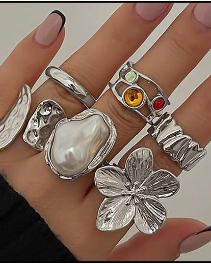 Rings for Women Adjustable Chunky Rings Set Vintage Wide Colorful Flower Stackable Ring for Women Thick Statement Ring Chunky Jewlery