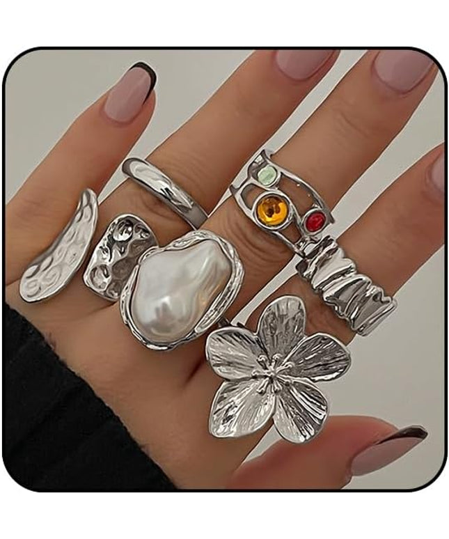 Rings for Women Adjustable Chunky Rings Set Vintage Wide Colorful Flower Stackable Ring for Women Thick Statement Ring Chunky Jewlery