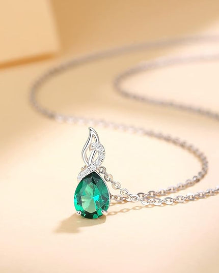 FANCIME 14K Solid White Gold Teardrop Pendant with Diamond Birthstone Necklace