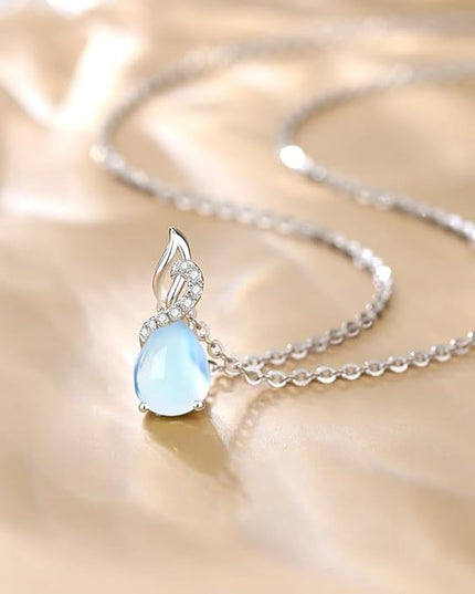 FANCIME 14K Solid White Gold Teardrop Pendant with Diamond Birthstone Necklace