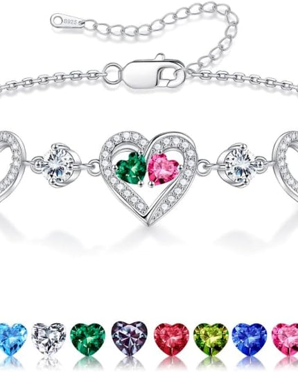 Iefil Valentines Day Gifts for Her - 925 Sterling Silver Heart Birthstone Bracelet Birthday Anniversary Jewelry Gifts for Her Wife