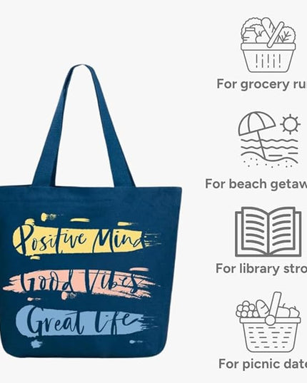 Ecoright Aesthetic Canvas Tote Bag for Women Large Zipper Tote Bags with Pocket, Womens Tote Bag for Yoga, Work, Beach