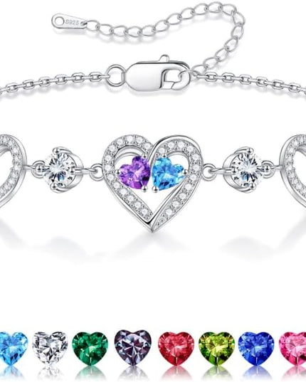 Iefil Valentines Day Gifts for Her - 925 Sterling Silver Heart Birthstone Bracelet Birthday Anniversary Jewelry Gifts for Her Wife