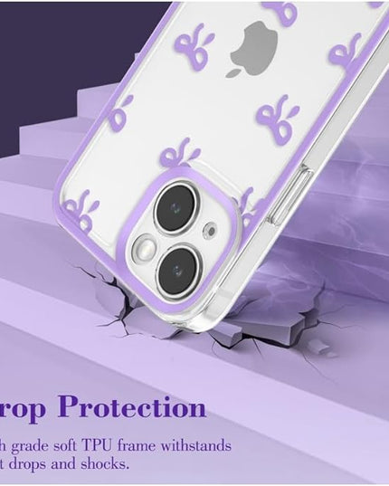 Designed for iPhone Case,Clear Cute Ribbon Bowknot Pattern Aesthetic Transparent Phone Case Raised Camera Protection Stylish Slim Soft Phone Case (Purple,iPhone 12 Pro)