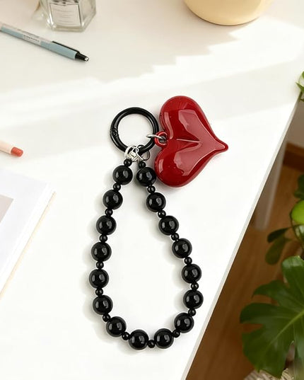 Red Heart Phone Charm Strap Black Beaded Phone Lanyard Cute Bag Charms for Handbags Cellphone Chain Wristlet Heart Bag Charm Purse Keychain for Women Cellphone Keychain Beaded Camera Wrist Strap