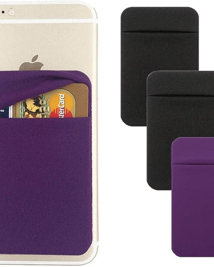 3Pack Cell Phone Card Holder Pocket for Back of Phone,Stretchy Stick on Wallet Credit Card ID Case Pouch Sleeve Self Adhesive Sticker with Flap for iPhone Samsung Galaxy-2Black+1Purple