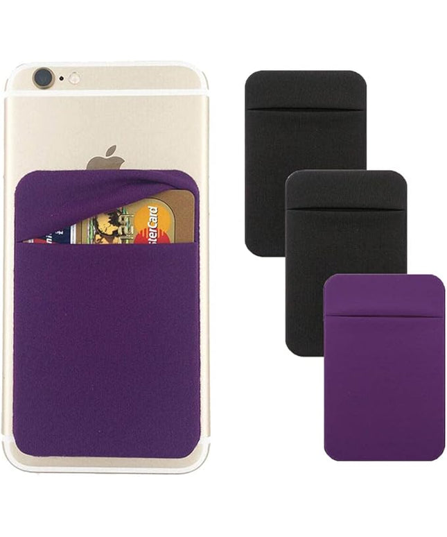 3Pack Cell Phone Card Holder Pocket for Back of Phone,Stretchy Stick on Wallet Credit Card ID Case Pouch Sleeve Self Adhesive Sticker with Flap for iPhone Samsung Galaxy-2Black+1Purple