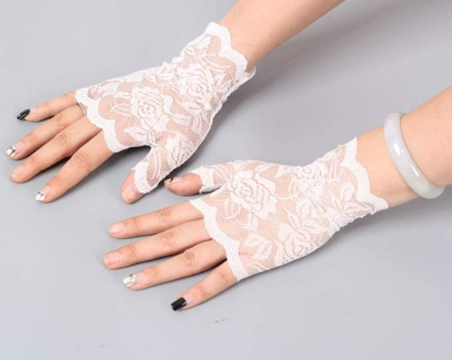 Women's Short Lace Gloves Fingerless for Driving Wedding Wrist Length Bridal Prom Gloves