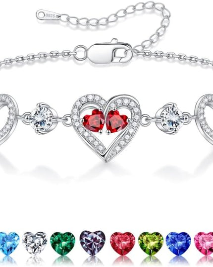 Iefil Valentines Day Gifts for Her - 925 Sterling Silver Heart Birthstone Bracelet Birthday Anniversary Jewelry Gifts for Her Wife