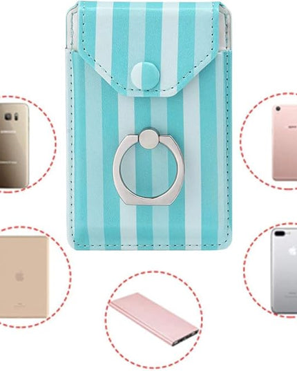 Cell Phone Card Holder RFID Ring Stand Stick on Wallet Card Holder for Back of Phone for iPhone Android and All Smartphones Green Striped