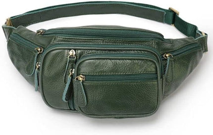 Genuine Leather Fanny Pack large capacity Crossbody Waist Bag with Zipper phone Pockets green