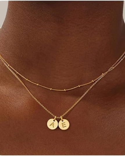 Turandoss Christmas Gifts for Grandkids - Dainty 14K Gold Plated Layered Two Letter A-Z Stack Disc Initial Necklace Trendy Birthday Personalized Gifts for Women Teen Girls Jewelry