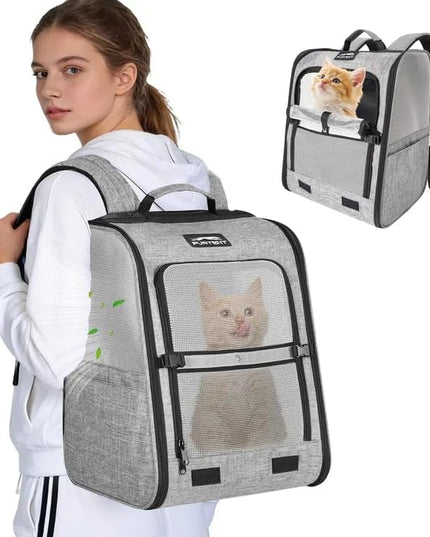 Pet Backpack Carrier for Small Dogs and Cats, Comfortable Portable Cat Bag for Travel Use with Ventilated Mesh, Safety Strap, and Easy-Clean Waterproof Fabric, Grey
