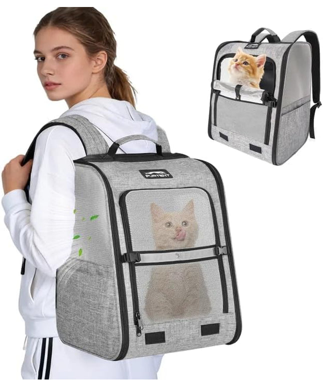 Pet Backpack Carrier for Small Dogs and Cats, Comfortable Portable Cat Bag for Travel Use with Ventilated Mesh, Safety Strap, and Easy-Clean Waterproof Fabric, Grey