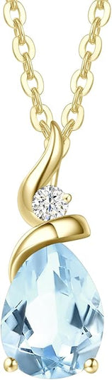 FANCIME 14K Solid Yellow Gold Birthstone Pendant Necklace for Women with Diamond Pear Shaped Teardrop Necklace Birthday Gifts for Mom Women Sterling Silver Chain 16" + 2" Extender