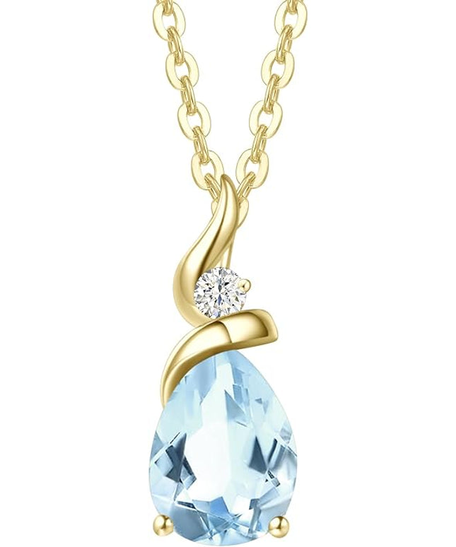 FANCIME 14K Solid Yellow Gold Birthstone Pendant Necklace for Women with Diamond Pear Shaped Teardrop Necklace Birthday Gifts for Mom Women Sterling Silver Chain 16" + 2" Extender