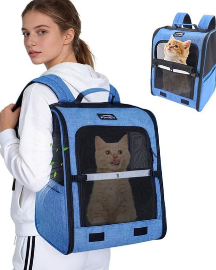 Cat Backpack Carrier with Ventilation Mesh and Safety Leash, Lightweight Dog Travel Backpack with Pockets, Reflective Strip, and Removable Mat,Hiking and Outdoor Use,Blue