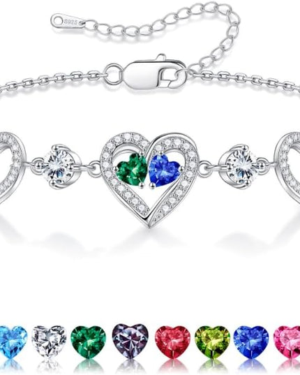 Iefil Valentines Day Gifts for Her - 925 Sterling Silver Heart Birthstone Bracelet Birthday Anniversary Jewelry Gifts for Her Wife