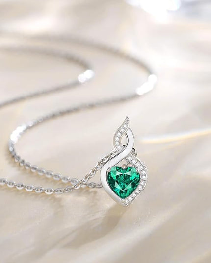 FANCIME 14K Solid White Gold Heart Birthstone Necklace with Diamond Pendent Birthday Gifts for Mom Women, Sterling Silver Chain 16" + 2" Extender