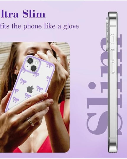 Designed for iPhone Case,Clear Cute Ribbon Bowknot Pattern Aesthetic Transparent Phone Case Raised Camera Protection Stylish Slim Soft Phone Case (Purple,iPhone 12 Pro)