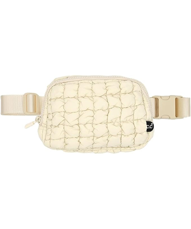 C.C Quilted Puffer Fanny Pack For Women Unisex - Daily Waist Crossbody Belt bag With Adjustable Strap (Beige)
