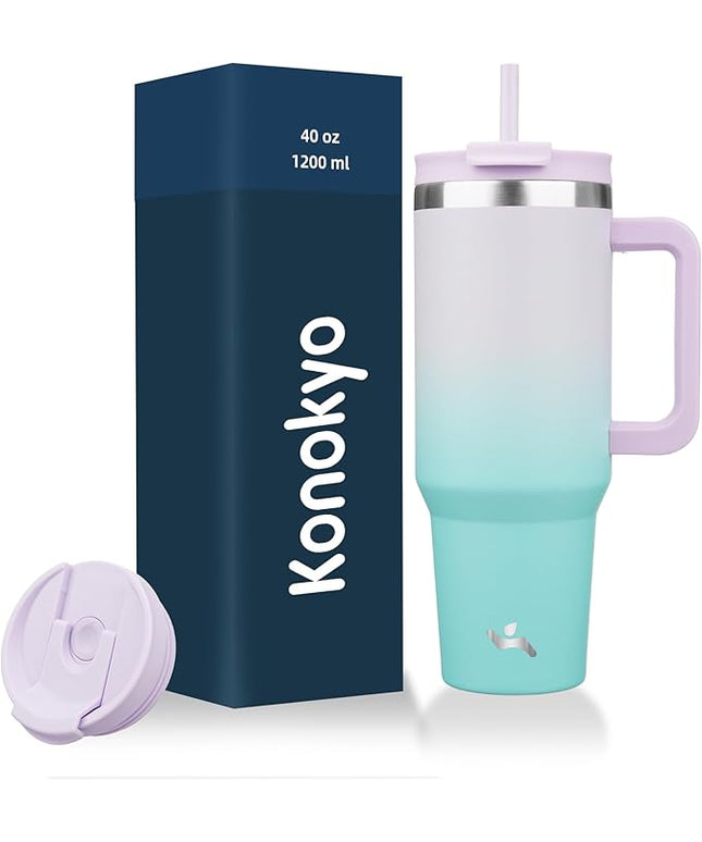40 oz Tumbler with Handle and 2 Straws,2 in 1 Lid Insulated Water Bottle Stainless Steel Travel Coffee Mug,Lavender Green