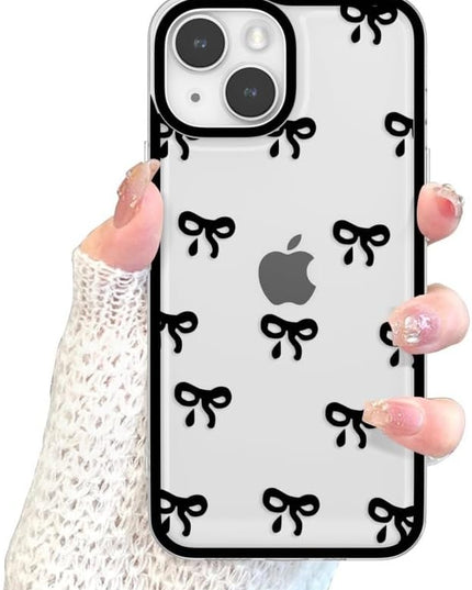 Designed for iPhone Case,Clear Cute Ribbon Bowknot Pattern Aesthetic Transparent Phone Case Raised Camera Protection Stylish Slim Soft Phone Case (Black,iPhone 15 Pro)