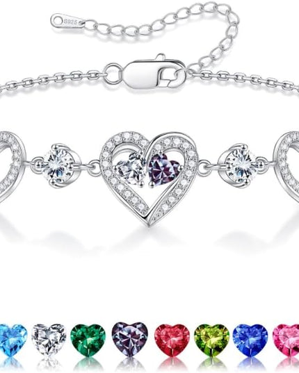 Iefil Valentines Day Gifts for Her - 925 Sterling Silver Heart Birthstone Bracelet Birthday Anniversary Jewelry Gifts for Her Wife