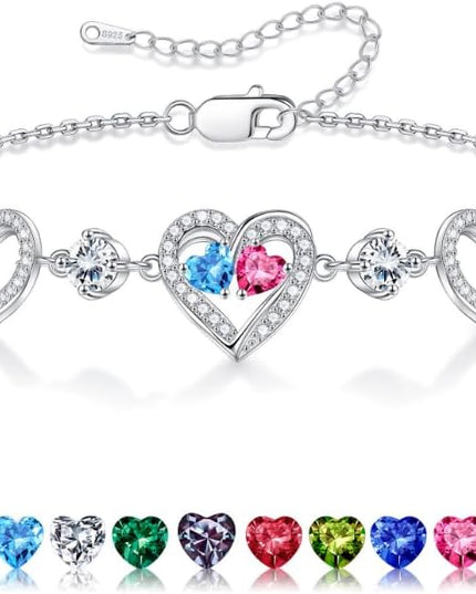 Iefil Valentines Day Gifts for Her - 925 Sterling Silver Heart Birthstone Bracelet Birthday Anniversary Jewelry Gifts for Her Wife