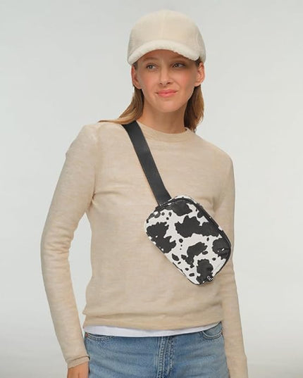 C.C Belt Bag for Women – Quilted Fanny Pack Crossbody Waist Bag with Adjustable Strap, Fashion Gift Idea (Cow Pattern-Black)