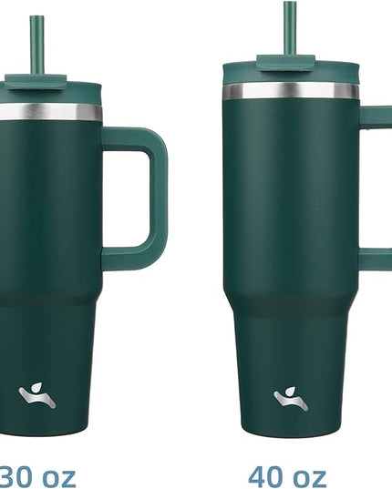 30 oz Tumbler with Handle and 2 Straws,2 in 1 Lid Insulated Water Bottle Stainless Steel Travel Coffee Mug,Dark Green