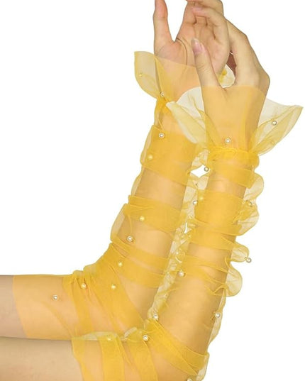 Women's Long Bridal Wedding Tulle Glove Mesh Fingerless Gloves Pearl 1920 Opera Tea Party Sheer Gloves