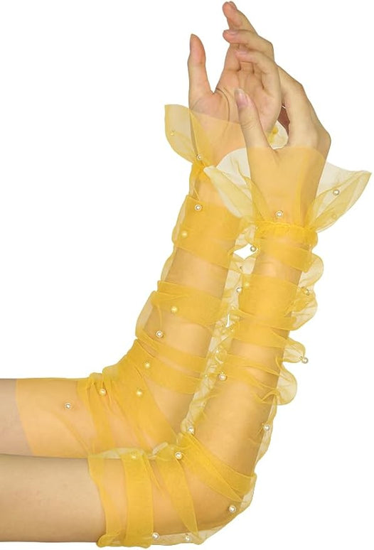 Women's Long Bridal Wedding Tulle Glove Mesh Fingerless Gloves Pearl 1920 Opera Tea Party Sheer Gloves