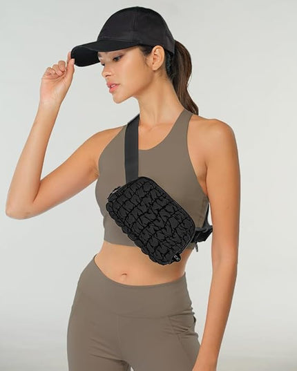 C.C Quilted Puffer Fanny Pack For Women Unisex - Daily Waist Crossbody Belt bag With Adjustable Strap (Black)