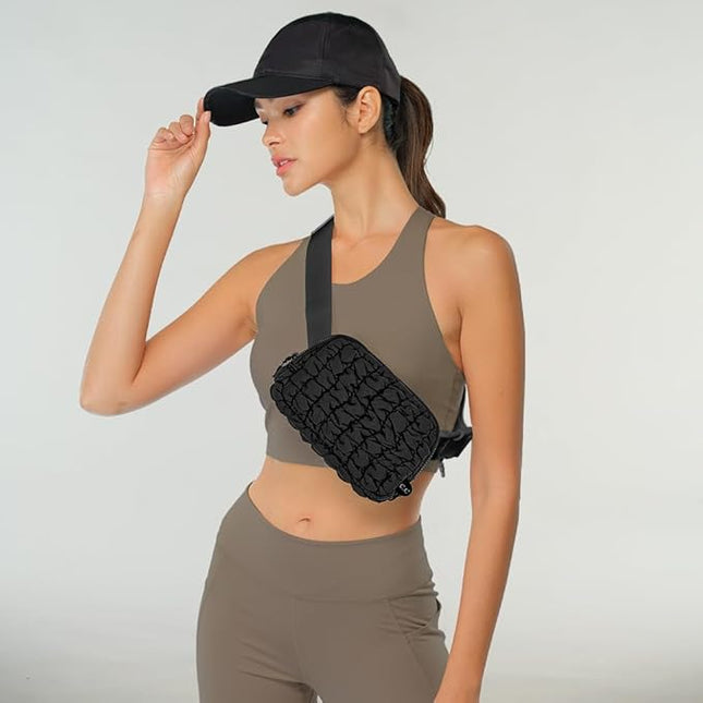 C.C Quilted Puffer Fanny Pack For Women Unisex - Daily Waist Crossbody Belt bag With Adjustable Strap (Black)