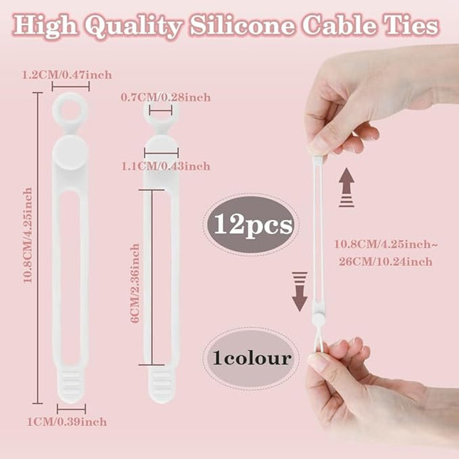 12Pcs White Silicone Cord Strap, Silicone Cable Ties, Reusable Cable Ties Management Organizer, Multipurpose Elastic Cord Organizer for Bundling and Fastening Cable